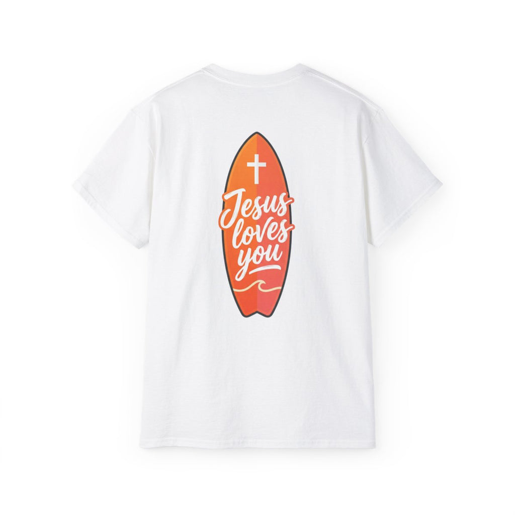 Jesus Loves You T-Shirt — Christian Faith Tee with Surf Board