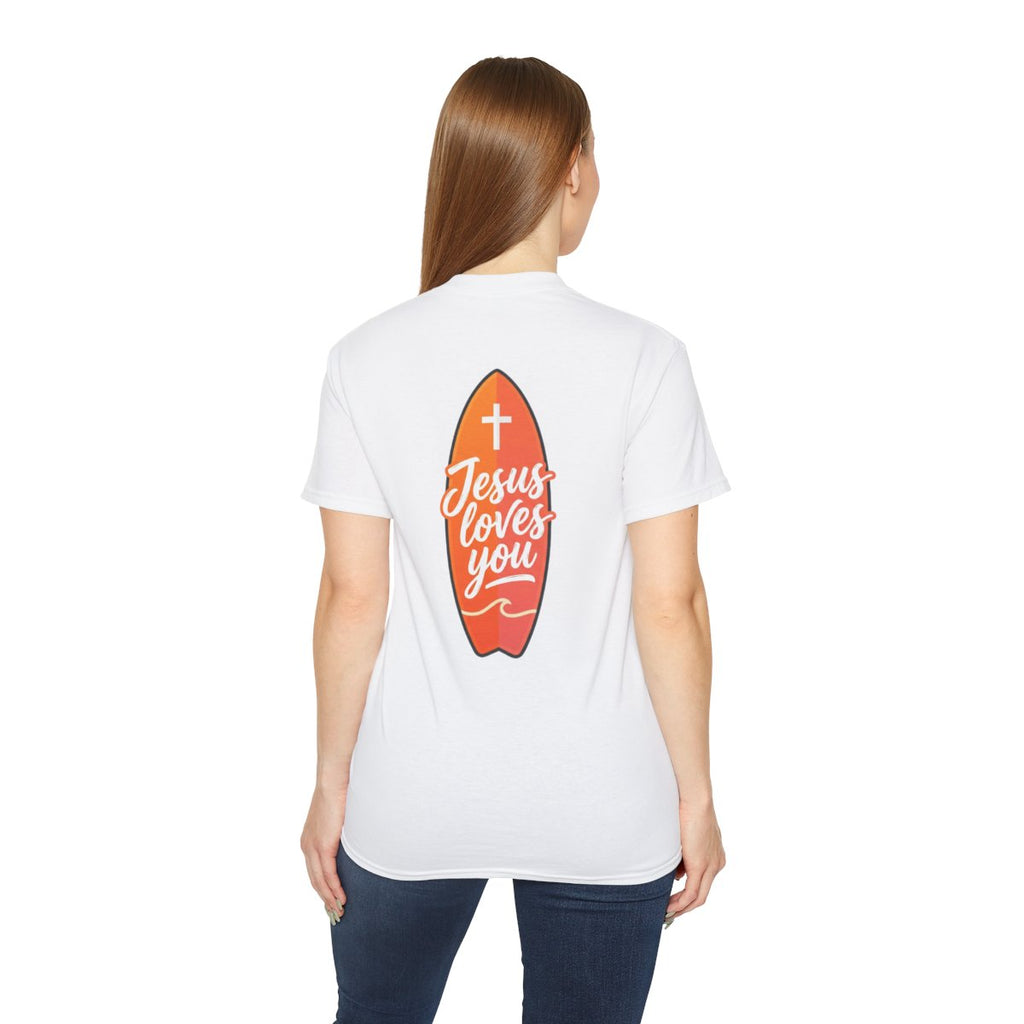 Jesus Loves You T-Shirt — Christian Faith Tee with Surf Board
