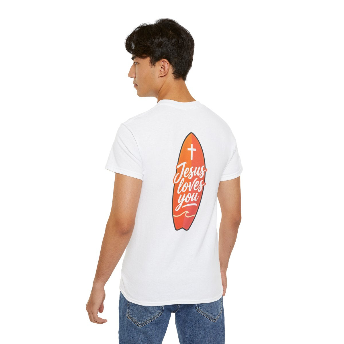 Jesus Loves You T-Shirt — Christian Faith Tee with Surf Board